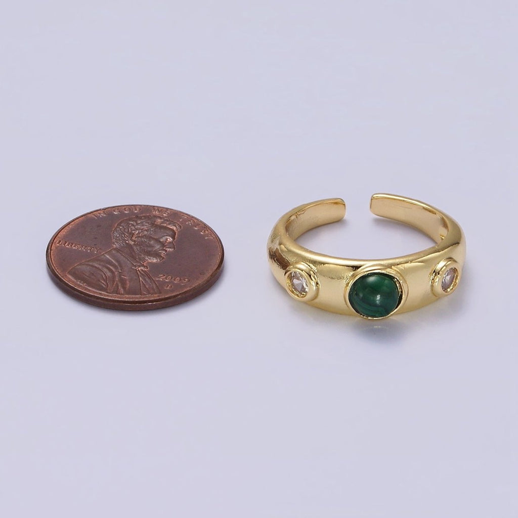 14K Gold plated Malachite Natural Gemstone Triple Round CZ Ring | O-590 - DLUXCA
