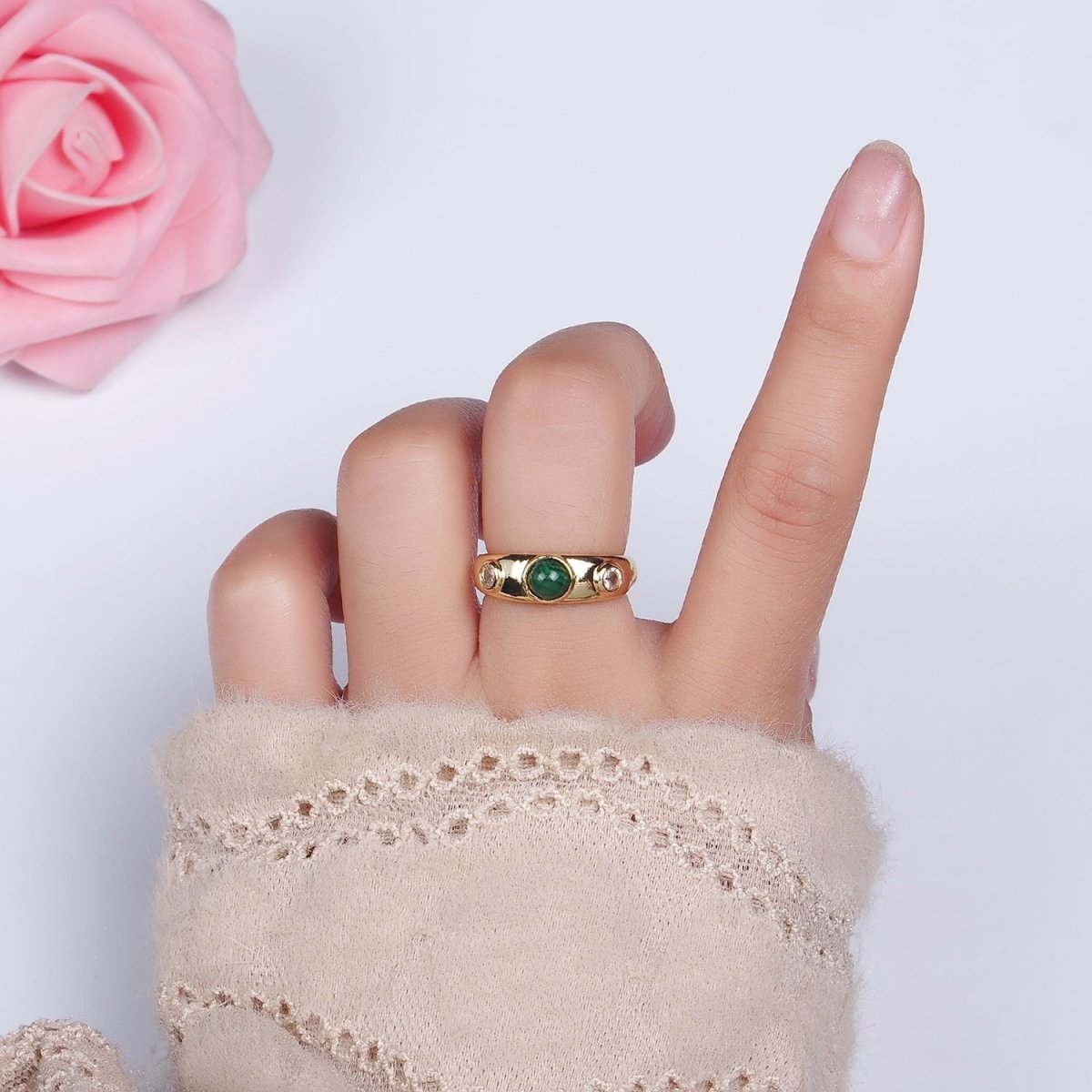 14K Gold plated Malachite Natural Gemstone Triple Round CZ Ring | O-590 - DLUXCA