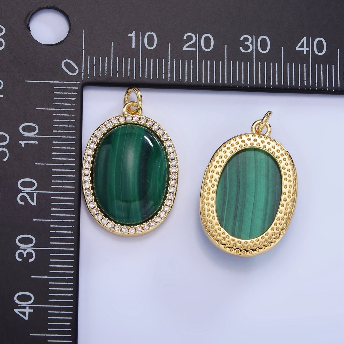 14K Gold plated Malachite Oval Micro Paved CZ Bezel Charm | W667 - DLUXCA
