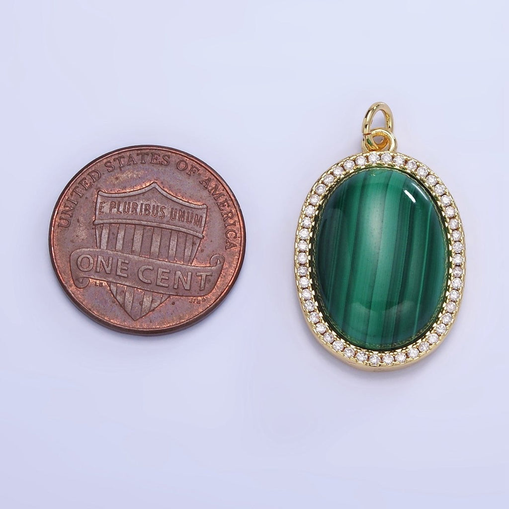 14K Gold plated Malachite Oval Micro Paved CZ Bezel Charm | W667 - DLUXCA
