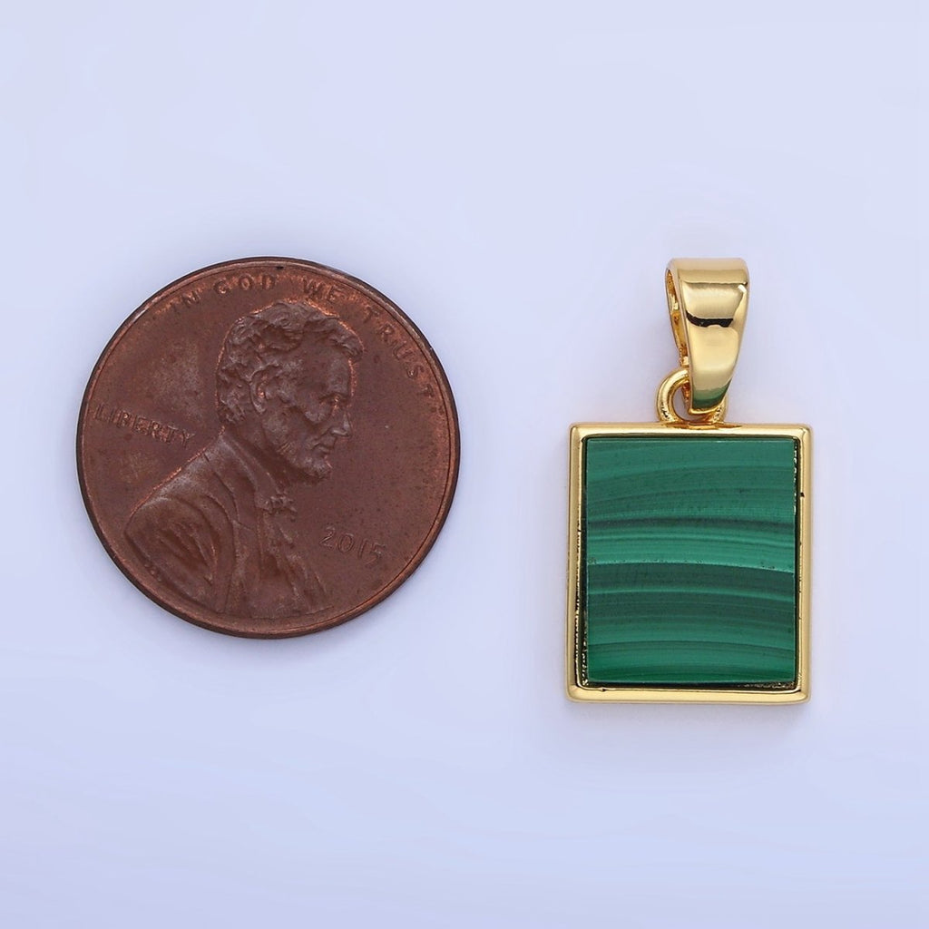 14K Gold plated Malachite Rectangle Tag Bezel Pendant | AA1255 - DLUXCA
