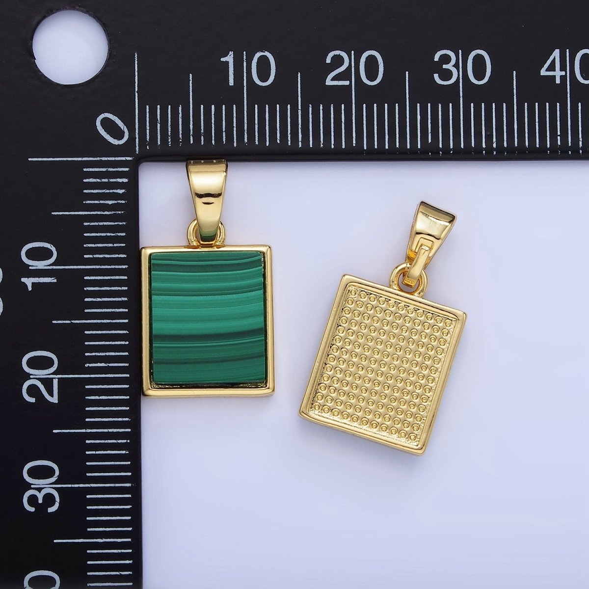 14K Gold plated Malachite Rectangle Tag Bezel Pendant | AA1255 - DLUXCA