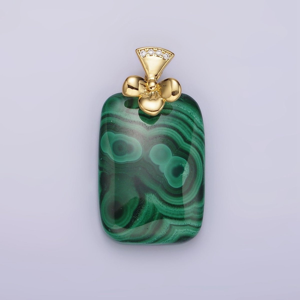 14K Gold plated Malachite Rectangular Clear Micro Paved CZ Bow Bail Pendant | N1300 - DLUXCA