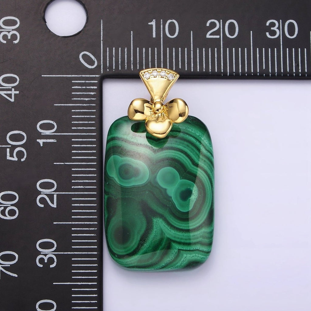 14K Gold plated Malachite Rectangular Clear Micro Paved CZ Bow Bail Pendant | N1300 - DLUXCA