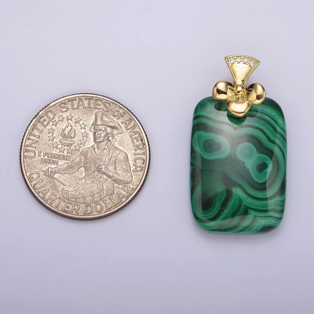 14K Gold plated Malachite Rectangular Clear Micro Paved CZ Bow Bail Pendant | N1300 - DLUXCA