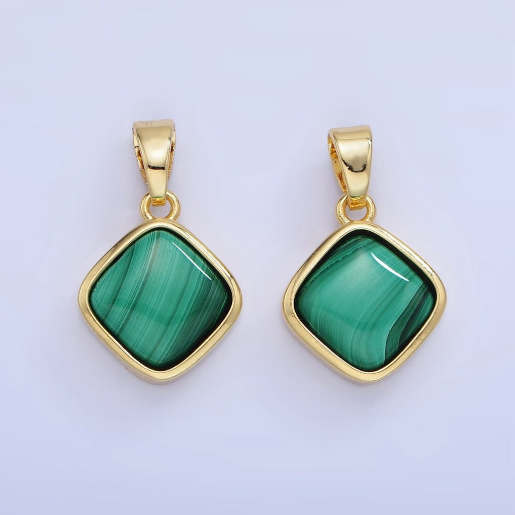 14K Gold plated Malachite Rhombus Bezel Pendant | AA1253 - DLUXCA
