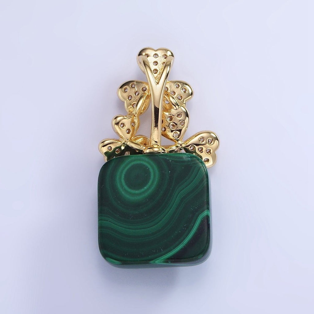 14K Gold plated Malachite Square Micro Paved CZ Clover Bail Pendant | AA1198 - DLUXCA