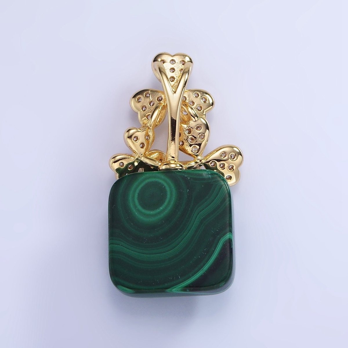 14K Gold plated Malachite Square Micro Paved CZ Clover Bail Pendant | AA1198 - DLUXCA