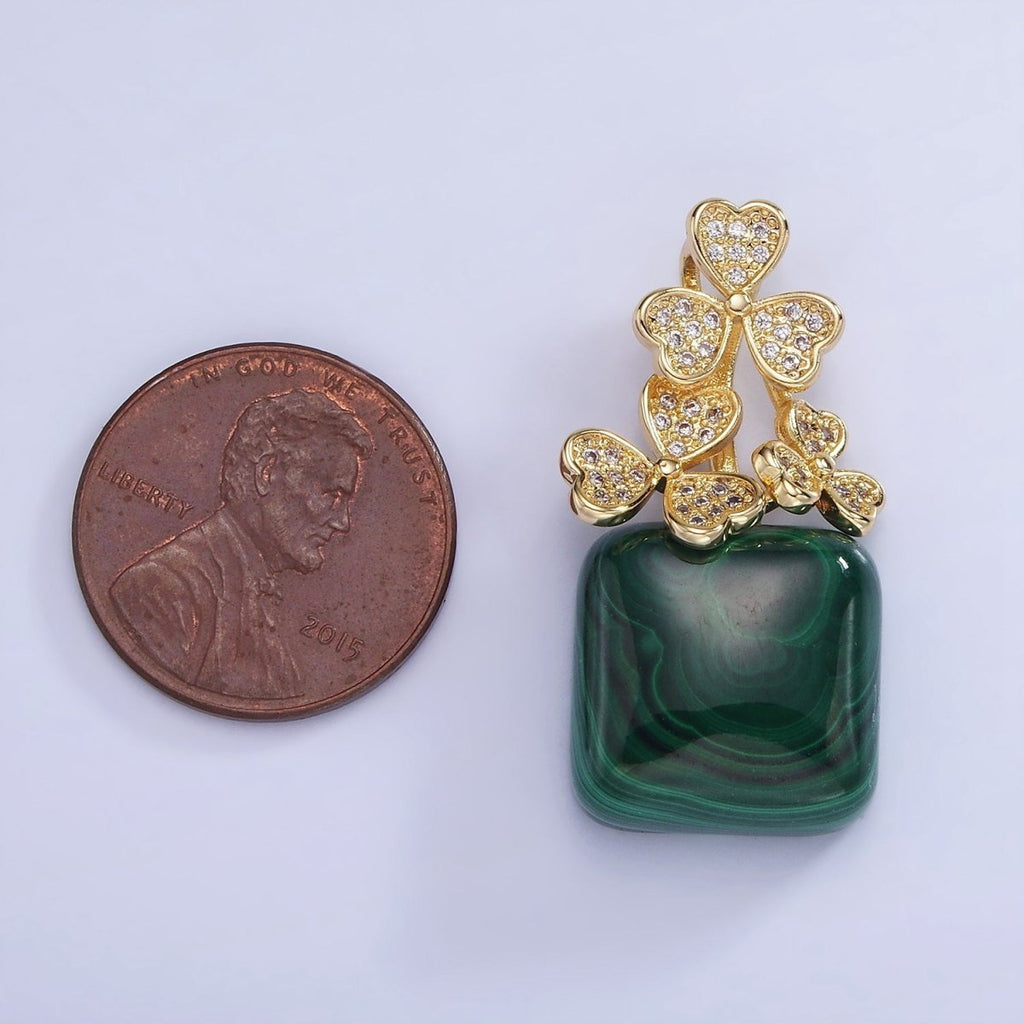 14K Gold plated Malachite Square Micro Paved CZ Clover Bail Pendant | AA1198 - DLUXCA