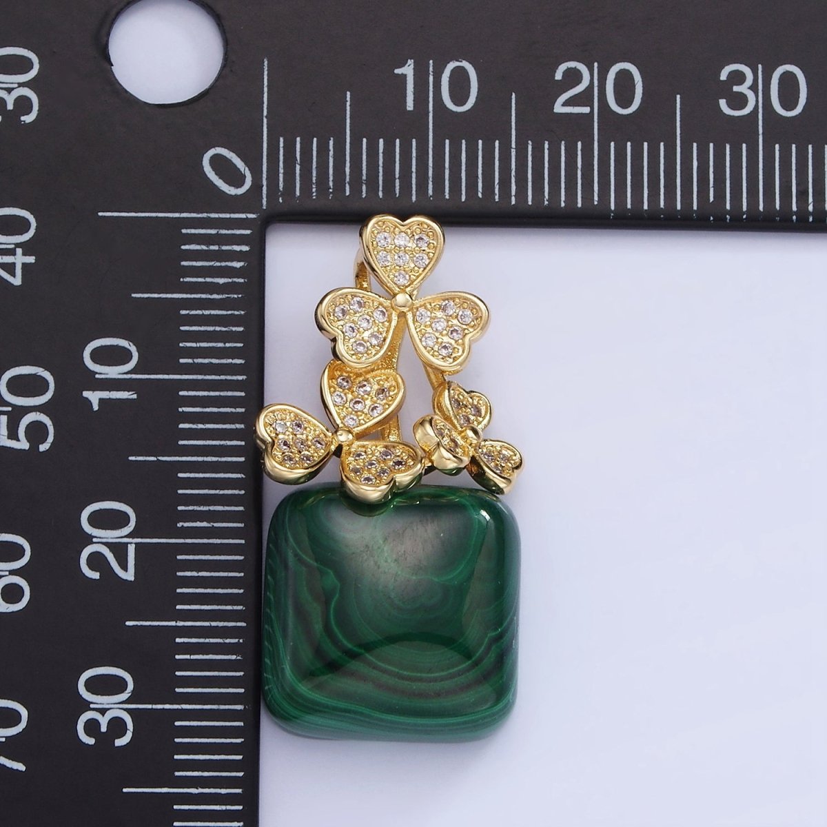 14K Gold plated Malachite Square Micro Paved CZ Clover Bail Pendant | AA1198 - DLUXCA