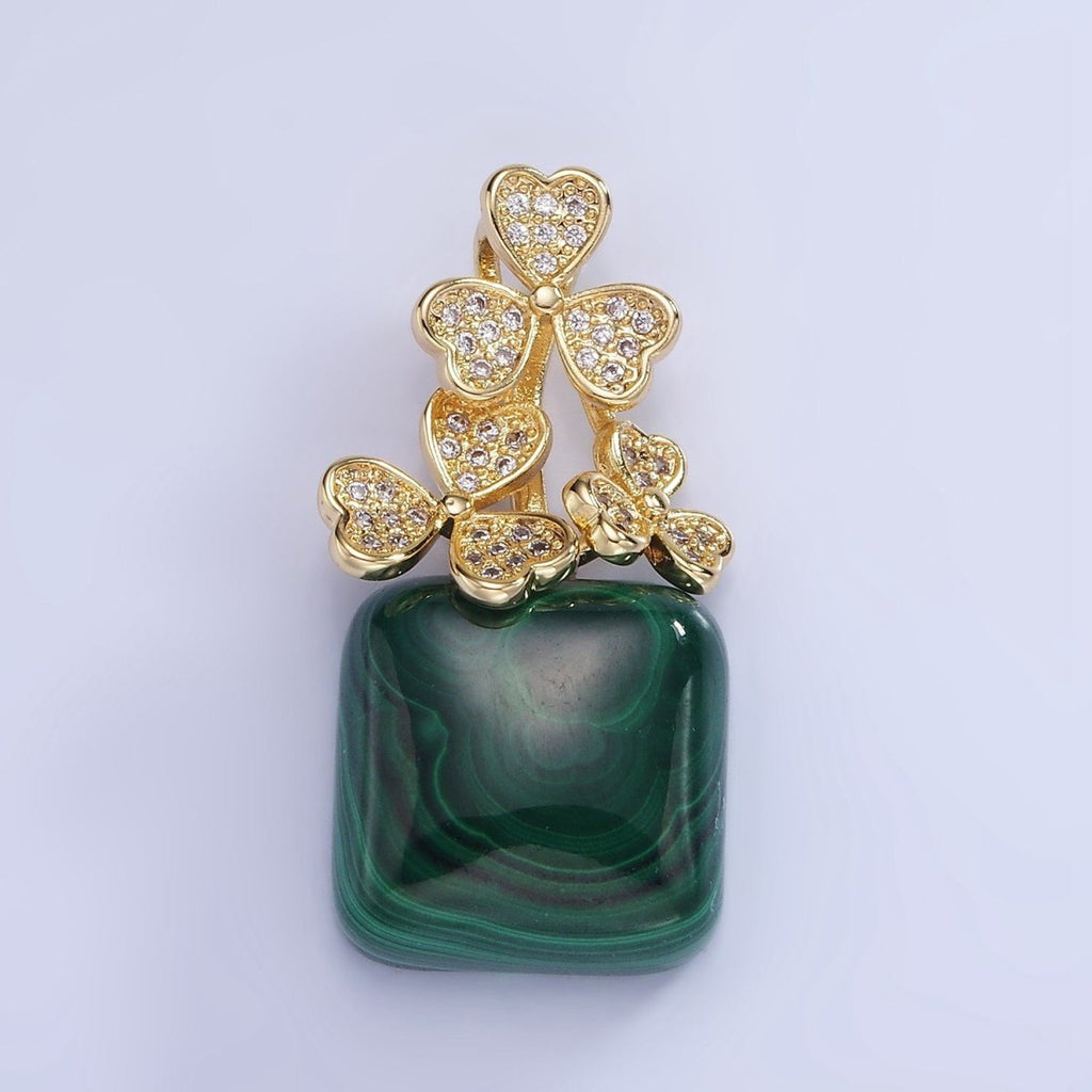 14K Gold plated Malachite Square Micro Paved CZ Clover Bail Pendant | AA1198 - DLUXCA