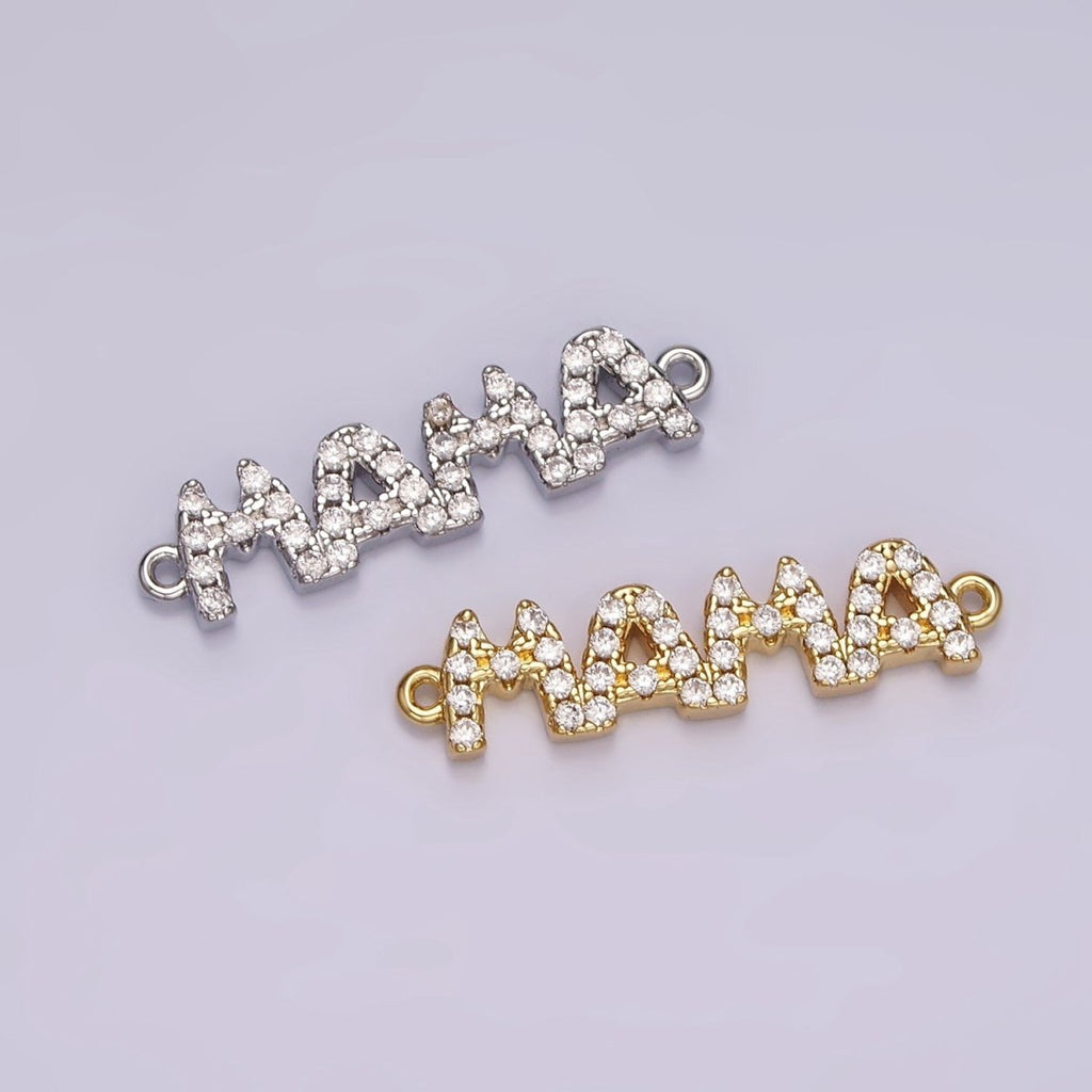 14K Gold plated "MAMA" Micro Paved CZ Script Connector in Gold & Silver | G267