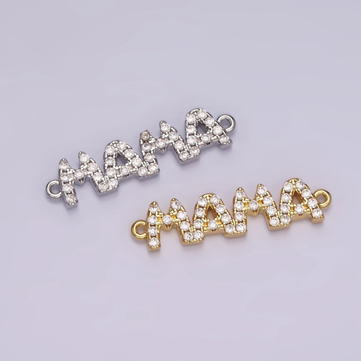14K Gold plated "MAMA" Micro Paved CZ Script Connector in Gold & Silver | G267