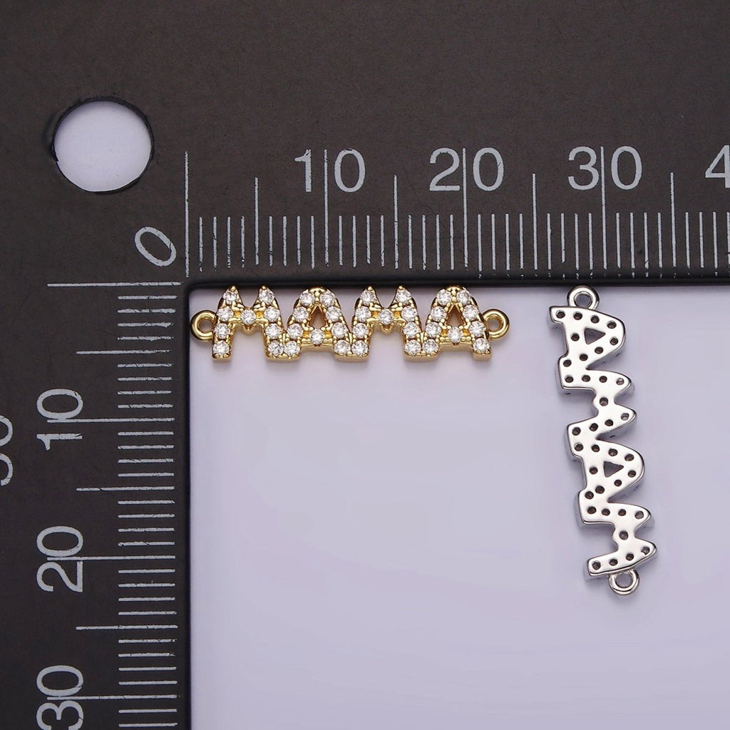 14K Gold plated "MAMA" Micro Paved CZ Script Connector in Gold & Silver | G267