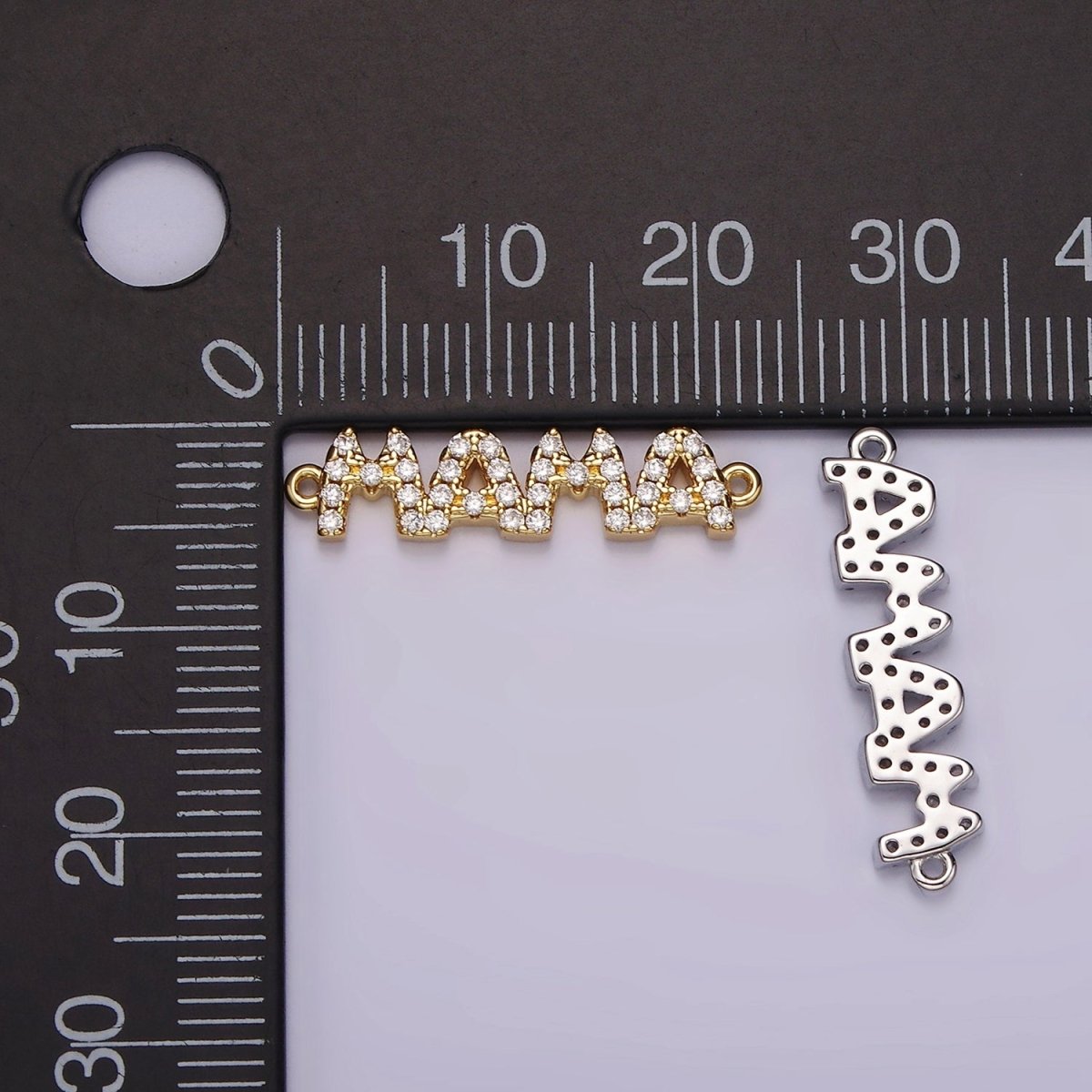 14K Gold plated "MAMA" Micro Paved CZ Script Connector in Gold & Silver | G267