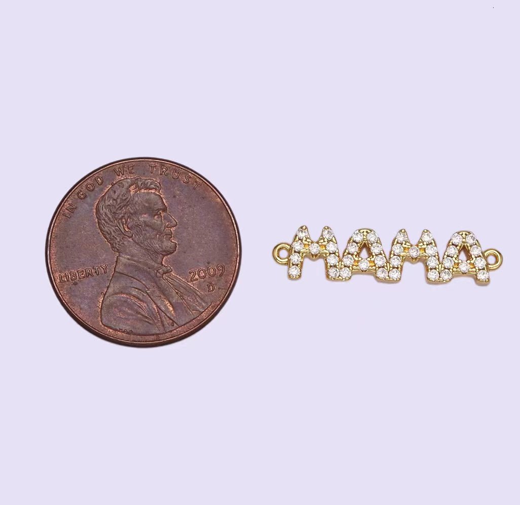 14K Gold plated "MAMA" Micro Paved CZ Script Connector in Gold & Silver | G267