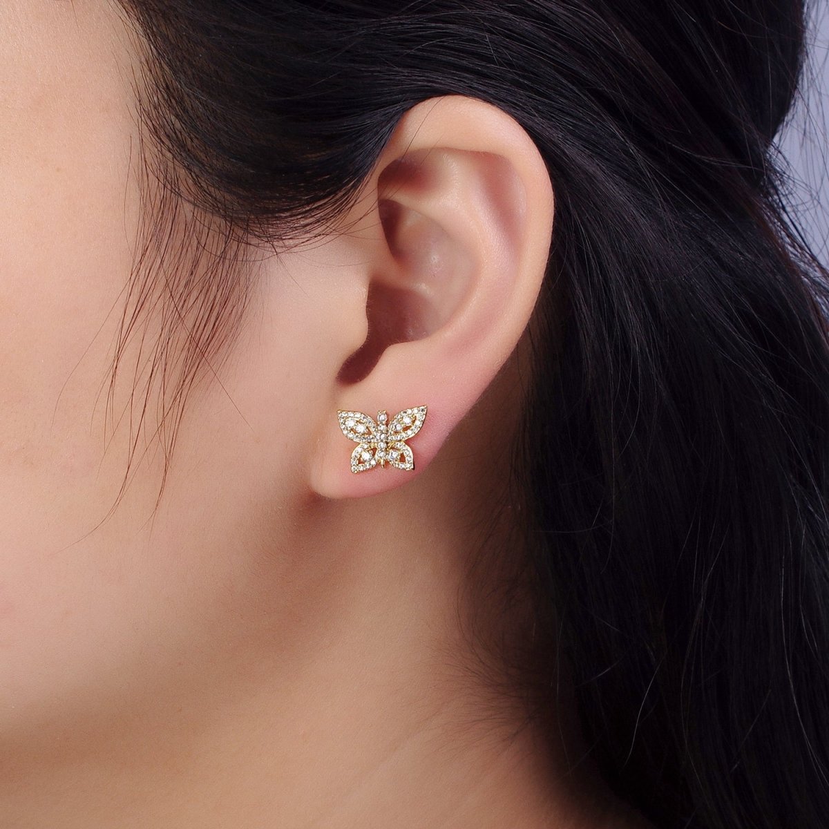 14K Gold plated Mariposa Butterfly Clear Micro Paved Stud Earrings | AB313 - DLUXCA