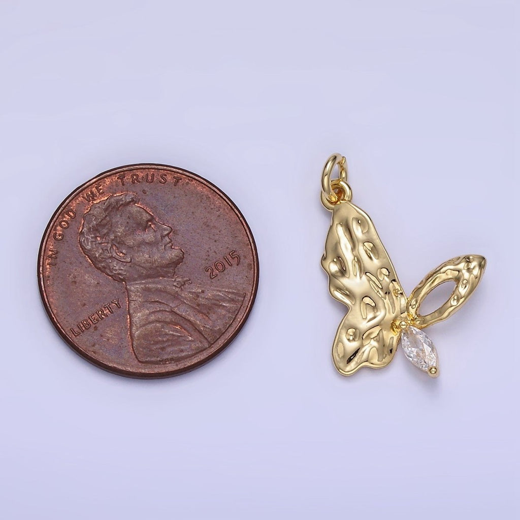 14K Gold plated Marquise Hammered Open Butterfly Charm | W650 - DLUXCA