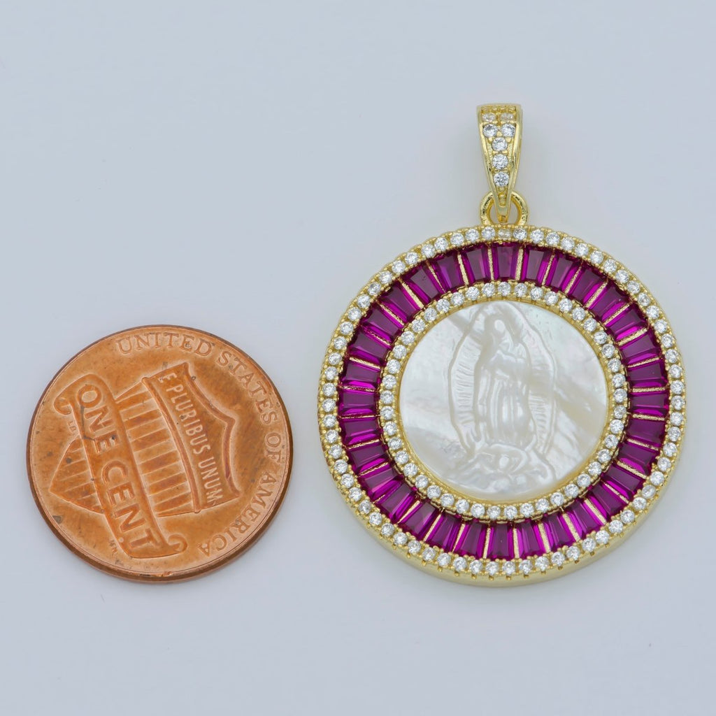 14K Gold plated Mary Lady Guadalupe Fuchsia, Green, Multicolor Baguette Round Pendant | I105 - I108