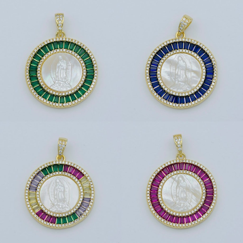 14K Gold plated Mary Lady Guadalupe Fuchsia, Green, Multicolor Baguette Round Pendant | I105 - I108