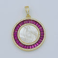 14K Gold plated Mary Lady Guadalupe Fuchsia, Green, Multicolor Baguette Round Pendant | I105 - I108