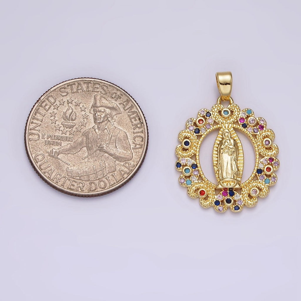 14K Gold plated Mary Lady Guadalupe Multicolor CZ Dotted Heart Outline Open Oval Pendant | N1317 - DLUXCA