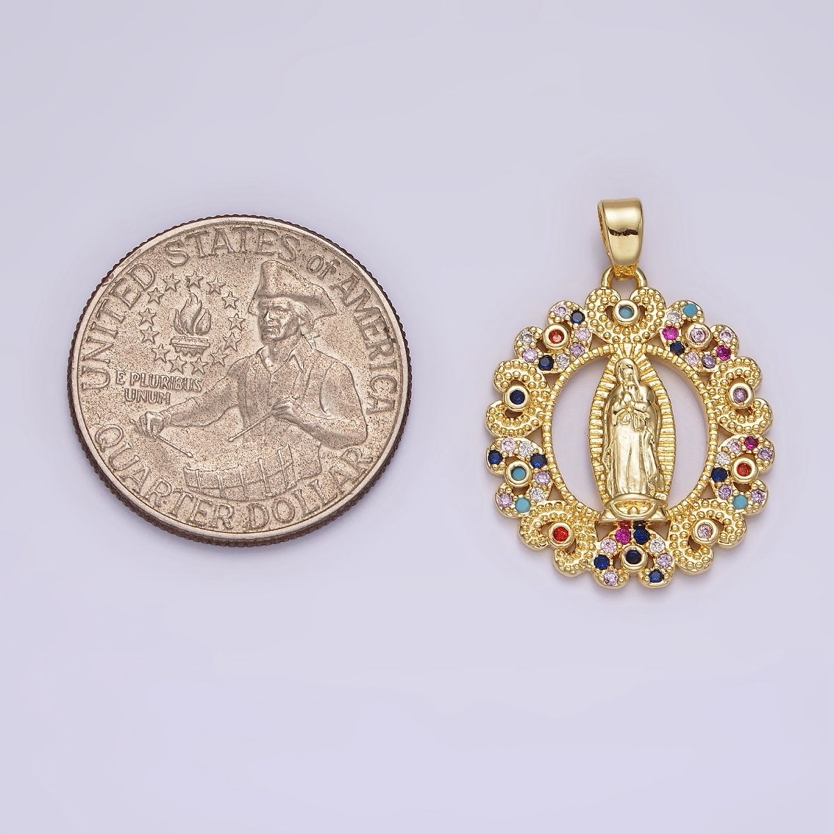 14K Gold plated Mary Lady Guadalupe Multicolor CZ Dotted Heart Outline Open Oval Pendant | N1317 - DLUXCA