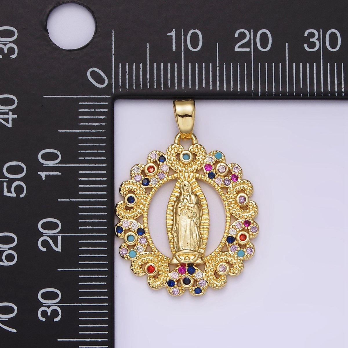 14K Gold plated Mary Lady Guadalupe Multicolor CZ Dotted Heart Outline Open Oval Pendant | N1317 - DLUXCA