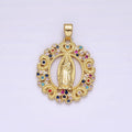 14K Gold plated Mary Lady Guadalupe Multicolor CZ Dotted Heart Outline Open Oval Pendant | N1317 - DLUXCA