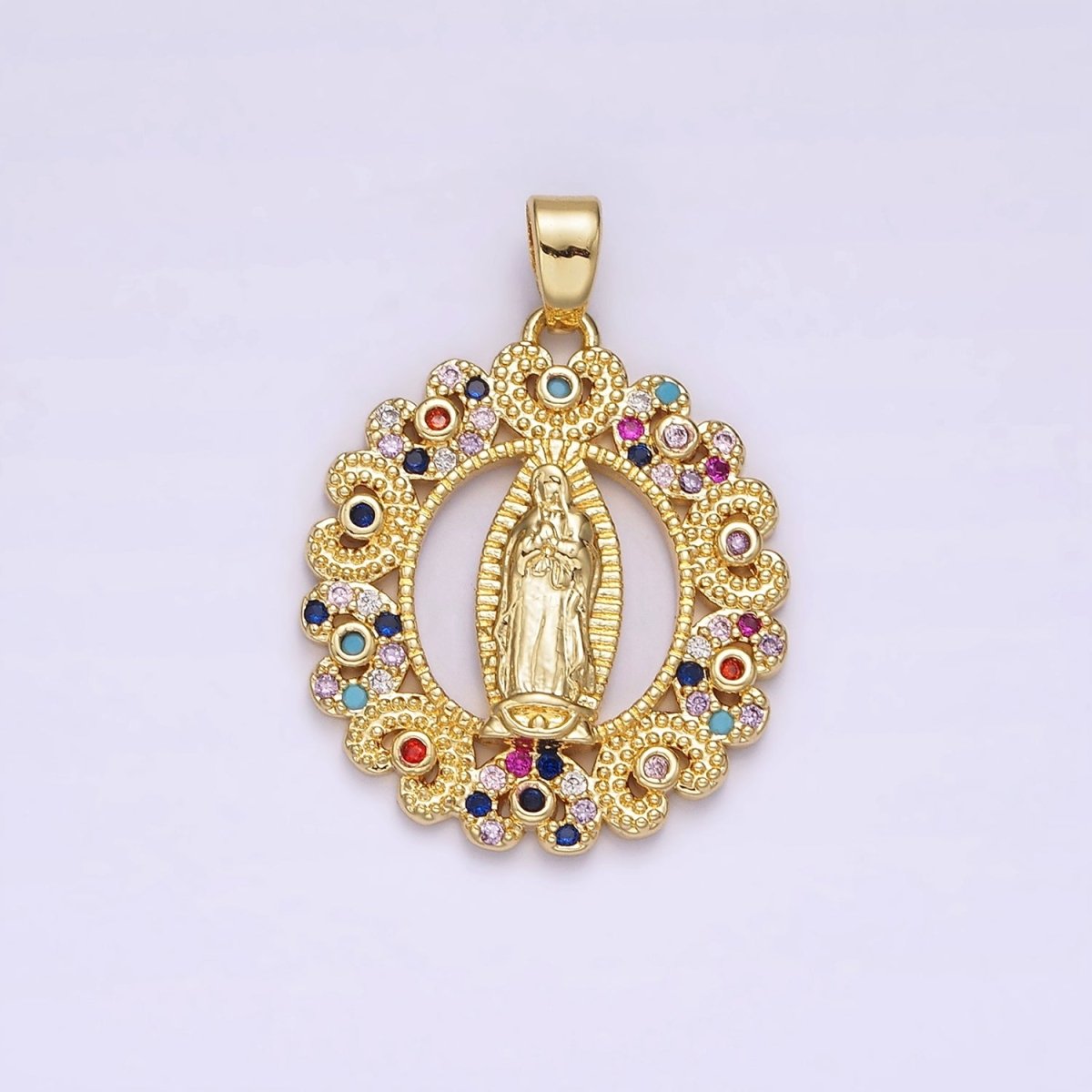14K Gold plated Mary Lady Guadalupe Multicolor CZ Dotted Heart Outline Open Oval Pendant | N1317 - DLUXCA