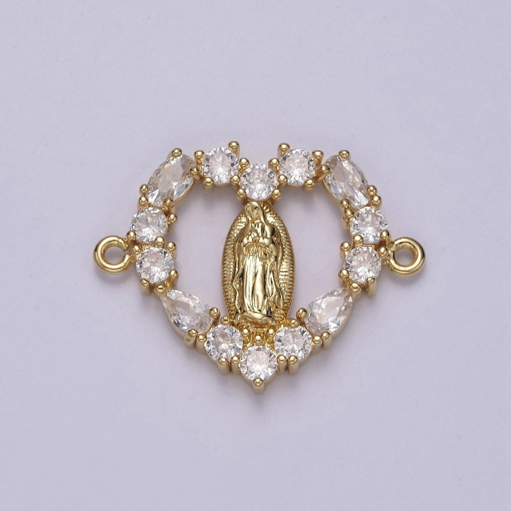 14K Gold plated Mary Lady Guadalupe Open Heart CZ Connector | G-909 - DLUXCA