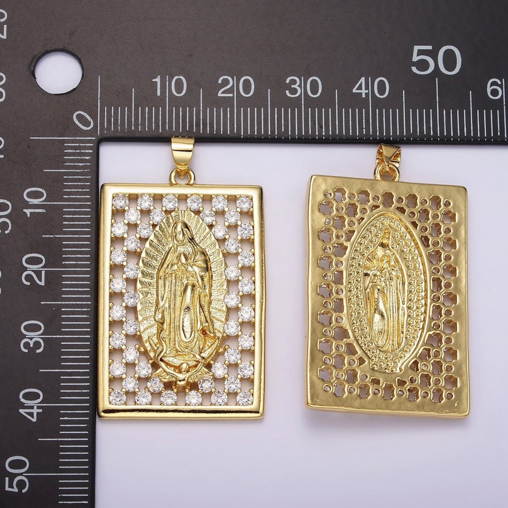 14K Gold plated Mary Lady Guadalupe Religious Open Clear CZ Checkered Rectangular Tag Charm | N1944 - DLUXCA