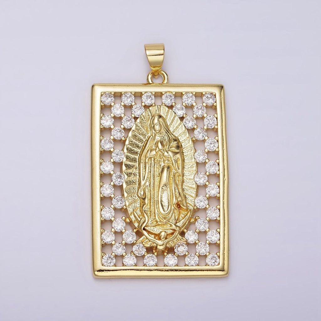 14K Gold plated Mary Lady Guadalupe Religious Open Clear CZ Checkered Rectangular Tag Charm | N1944 - DLUXCA