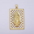 14K Gold plated Mary Lady Guadalupe Religious Open Clear CZ Checkered Rectangular Tag Charm | N1944 - DLUXCA