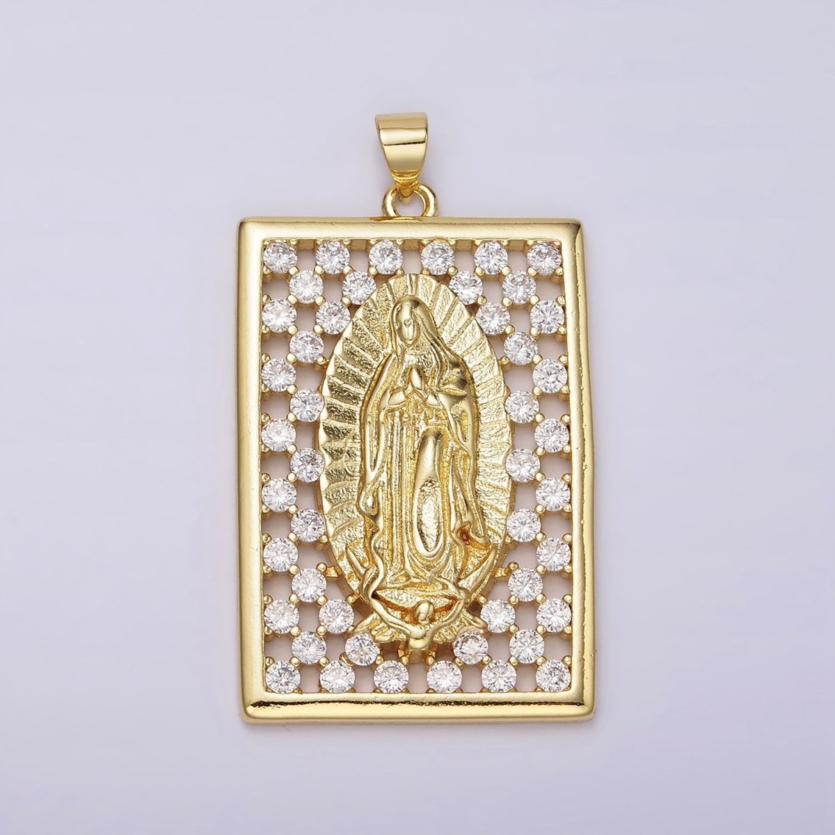 14K Gold plated Mary Lady Guadalupe Religious Open Clear CZ Checkered Rectangular Tag Charm | N1944 - DLUXCA