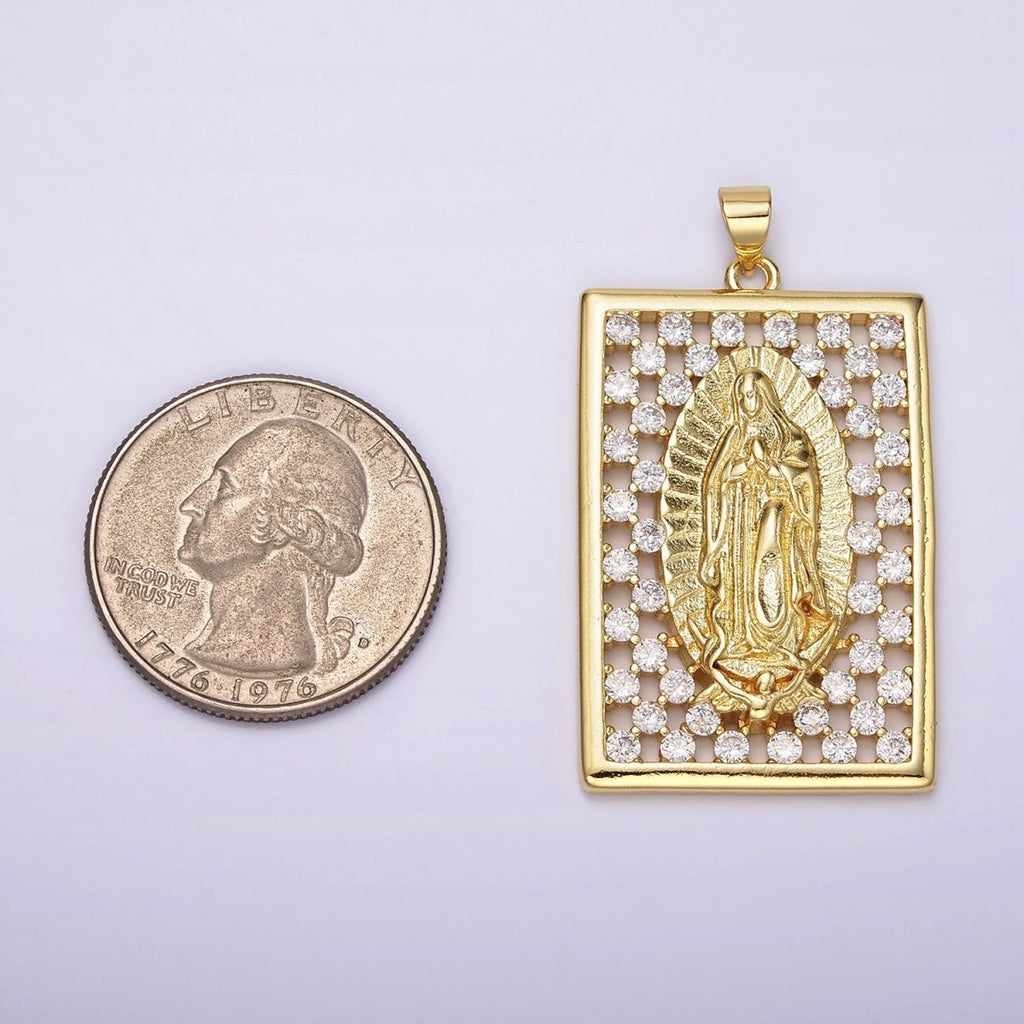 14K Gold plated Mary Lady Guadalupe Religious Open Clear CZ Checkered Rectangular Tag Charm | N1944 - DLUXCA