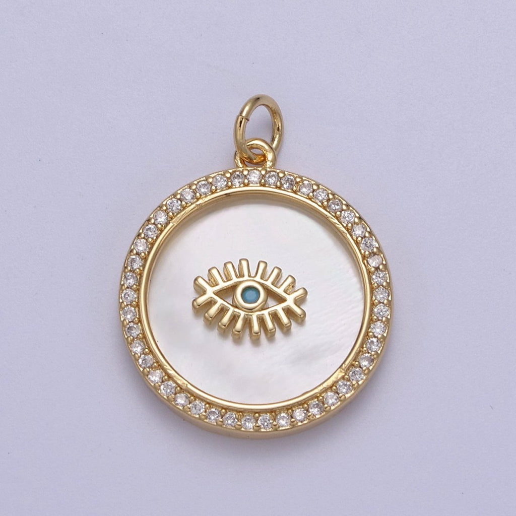 14K Gold plated Medallion Charm Mother of Pearl, Micro Pave Evil eye Pendant For Minimalist Jewelry N-633 N-634 N-635 - DLUXCA