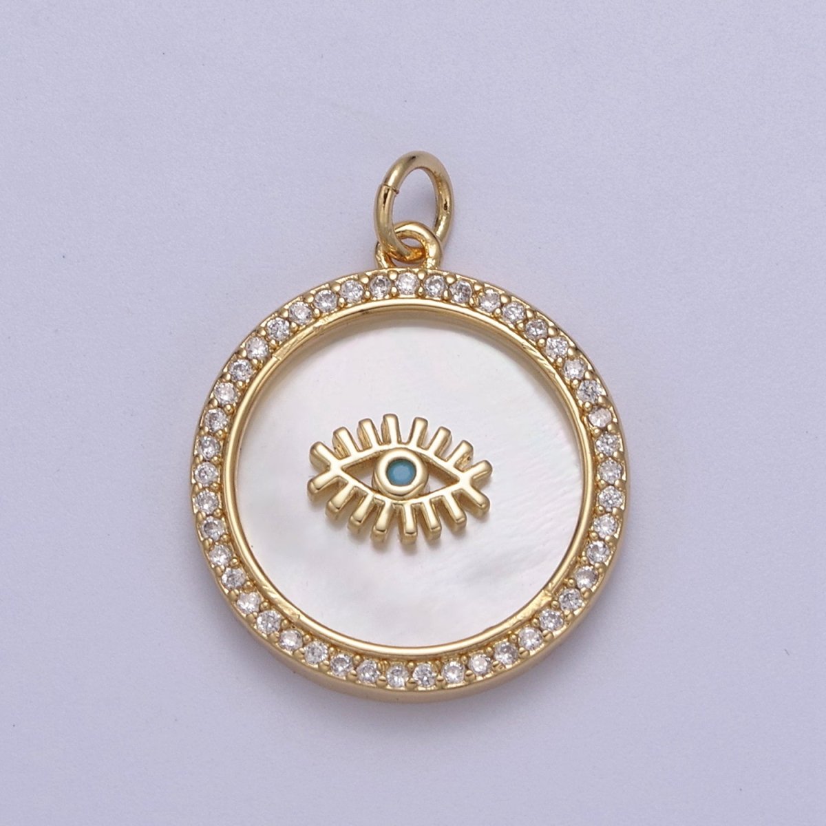 14K Gold plated Medallion Charm Mother of Pearl, Micro Pave Evil eye Pendant For Minimalist Jewelry N-633 N-634 N-635 - DLUXCA
