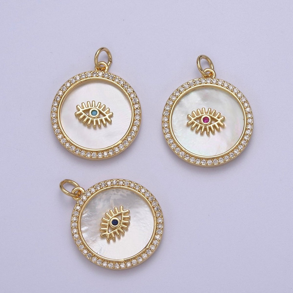 14K Gold plated Medallion Charm Mother of Pearl, Micro Pave Evil eye Pendant For Minimalist Jewelry N-633 N-634 N-635 - DLUXCA
