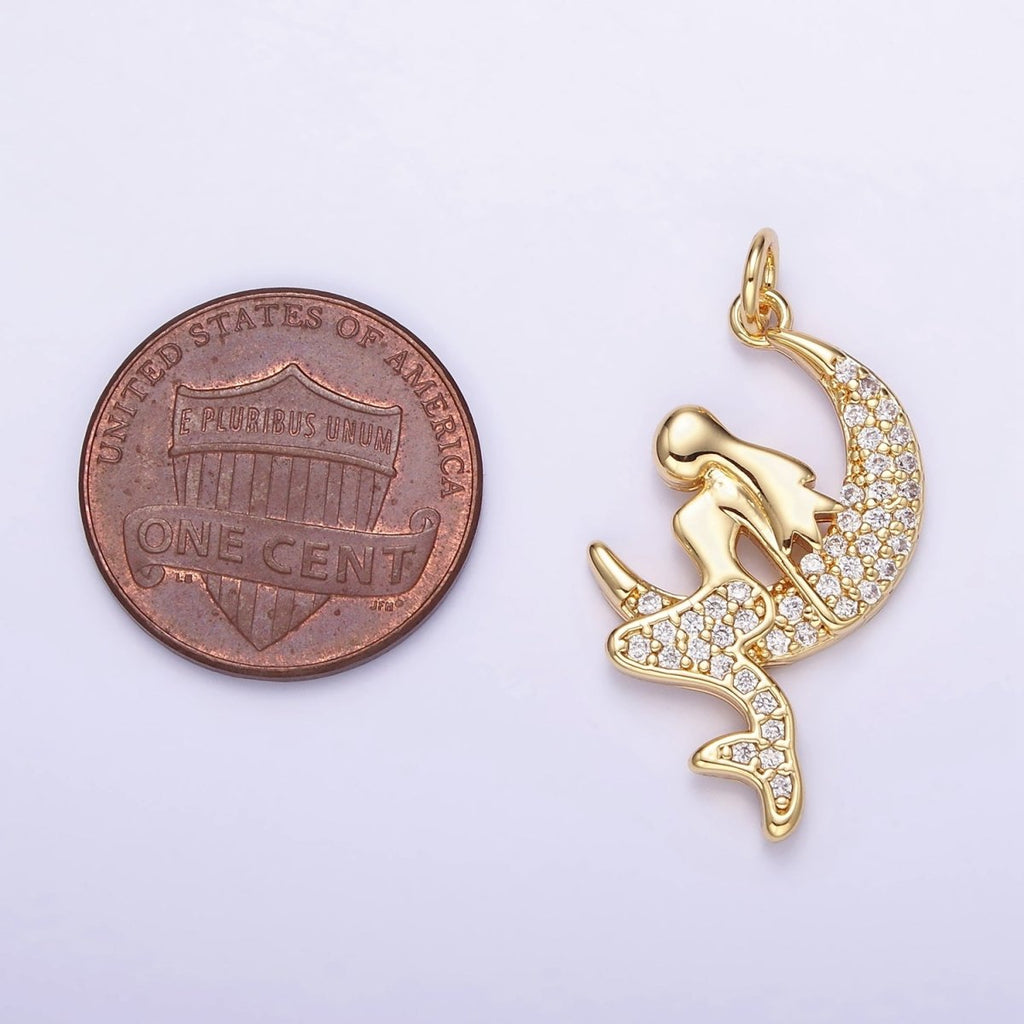 14K Gold plated Mermaid Crescent Moon Micro Paved CZ Charm | W624 - DLUXCA
