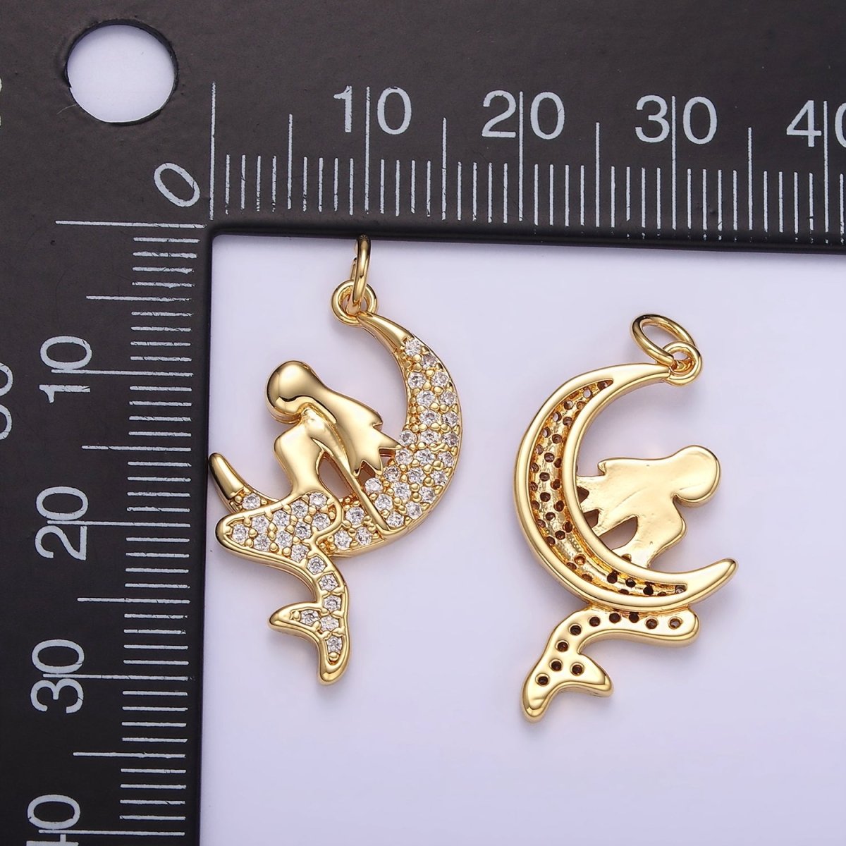 14K Gold plated Mermaid Crescent Moon Micro Paved CZ Charm | W624 - DLUXCA