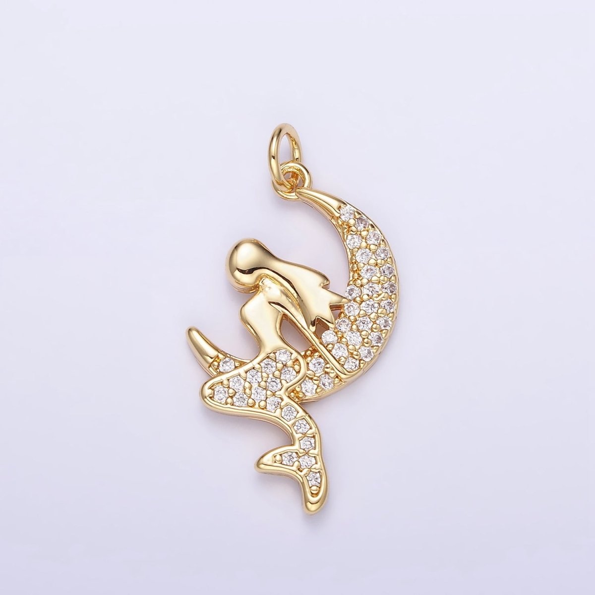 14K Gold plated Mermaid Crescent Moon Micro Paved CZ Charm | W624 - DLUXCA