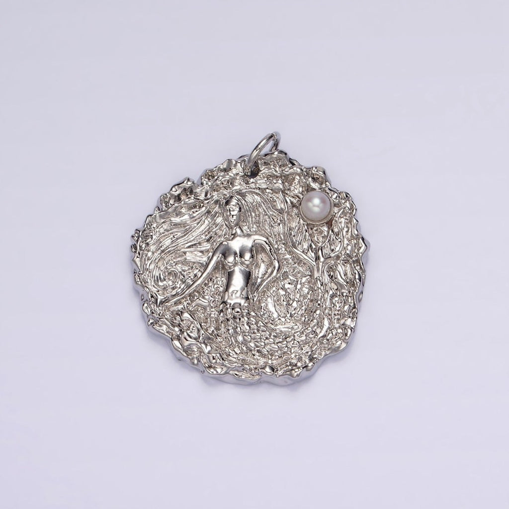14K Gold plated Mermaid Ocean Sea Pearl Hammered Round Charm in Silver & Gold | AG152 AG153