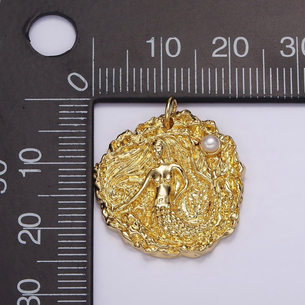 14K Gold plated Mermaid Ocean Sea Pearl Hammered Round Charm in Silver & Gold | AG152 AG153