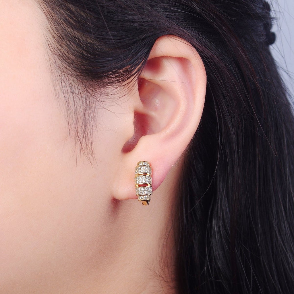 14K Gold plated Micro Pave Clear Cubic Zirconia Band English Lock Earrings P-379 - DLUXCA