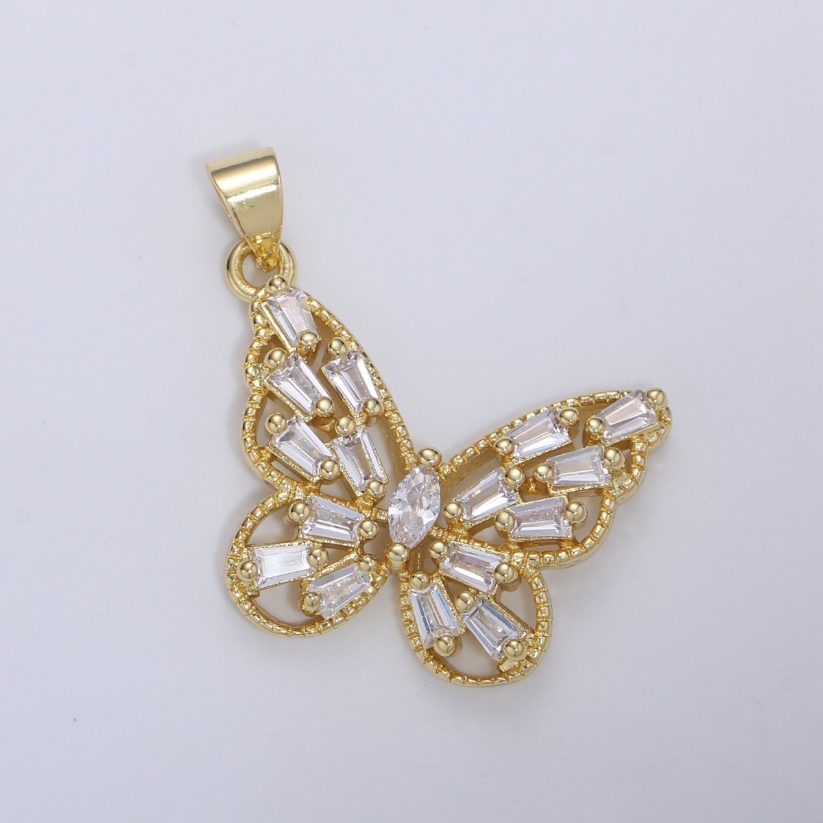 14k Gold plated Micro Pave CZ Butterfly Pendant Charm, Micro Pave CZ Butterfly Pendant Charm, Gold plated Pendant, Baguette CZ Pendant I-672 I-673 I-796 - DLUXCA
