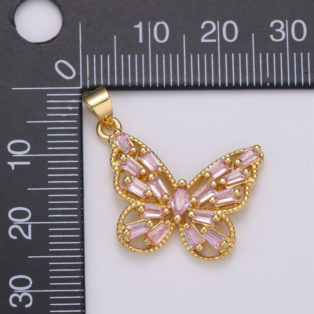 14k Gold plated Micro Pave CZ Butterfly Pendant Charm, Micro Pave CZ Butterfly Pendant Charm, Gold plated Pendant, Baguette CZ Pendant I-672 I-673 I-796 - DLUXCA
