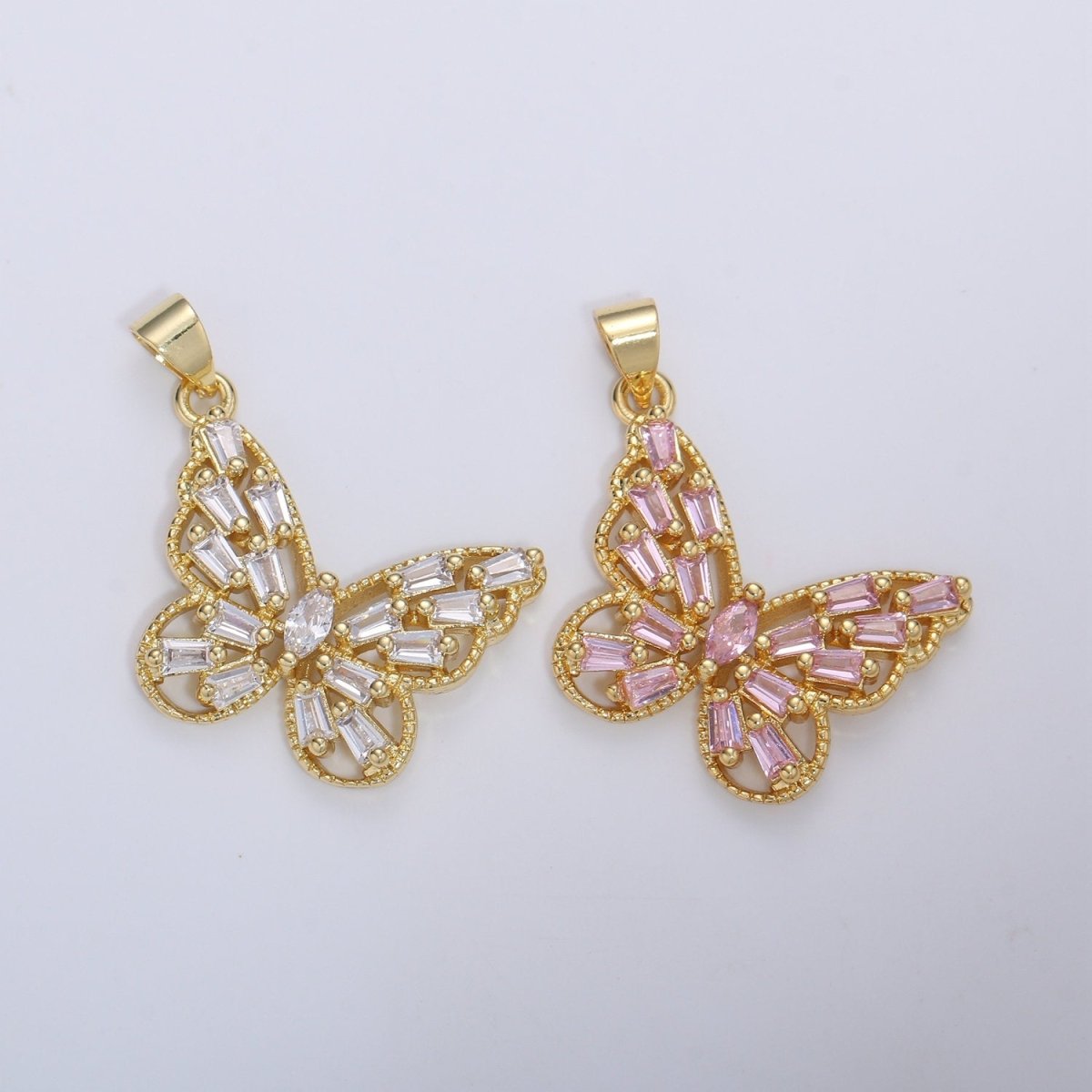 14k Gold plated Micro Pave CZ Butterfly Pendant Charm, Micro Pave CZ Butterfly Pendant Charm, Gold plated Pendant, Baguette CZ Pendant I-672 I-673 I-796 - DLUXCA