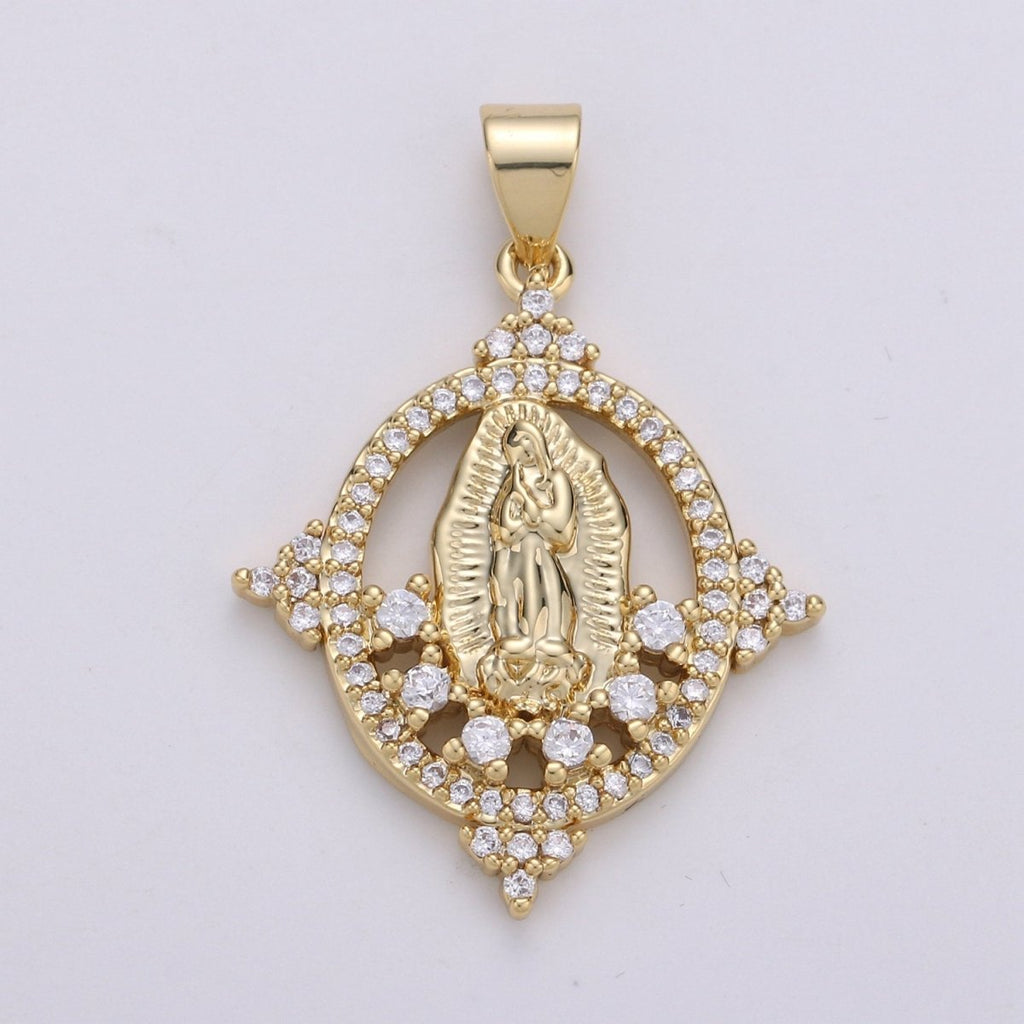 14K Gold plated Micro Pave CZ Charm, Bless Mother Virgin Mary Pendant, Cluster CZ Pendant Craft Supplies For Necklace Bracelet Jewelry Making I-699 - DLUXCA