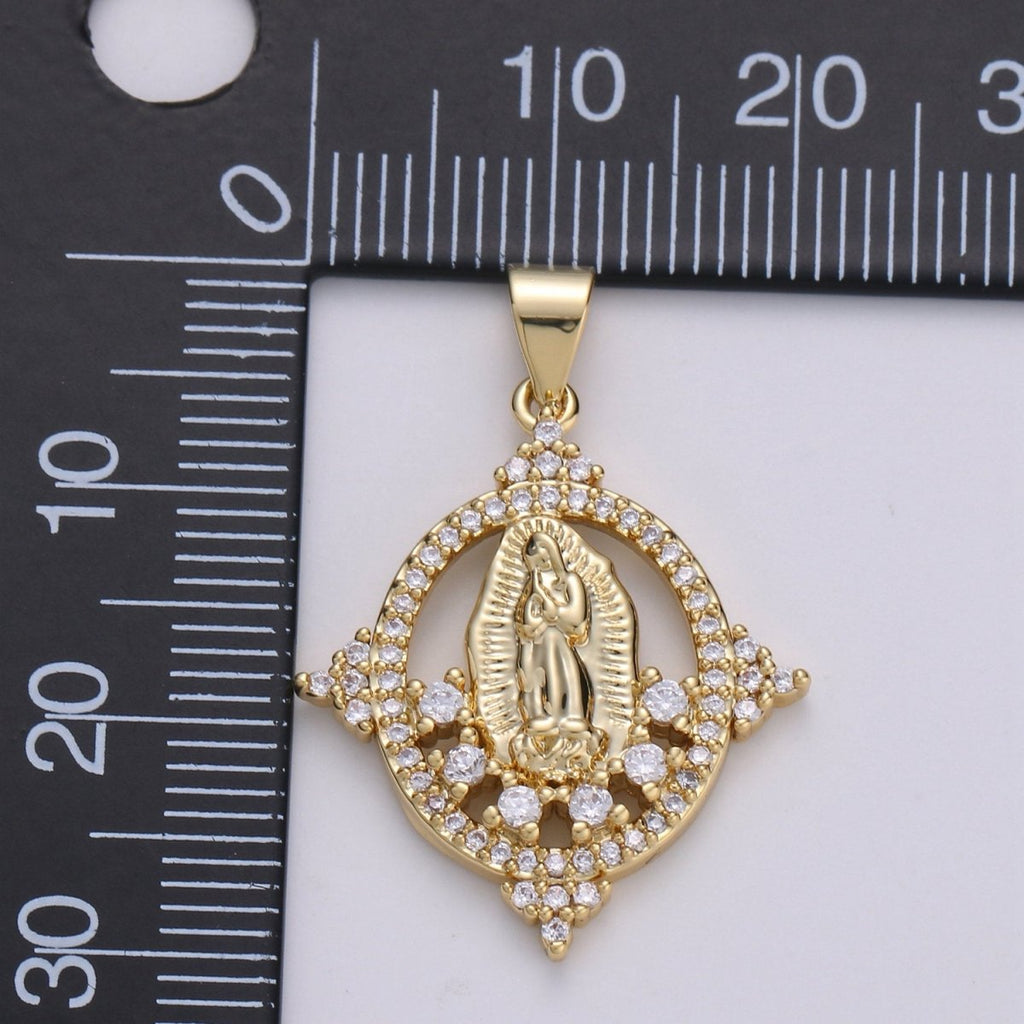 14K Gold plated Micro Pave CZ Charm, Bless Mother Virgin Mary Pendant, Cluster CZ Pendant Craft Supplies For Necklace Bracelet Jewelry Making I-699 - DLUXCA